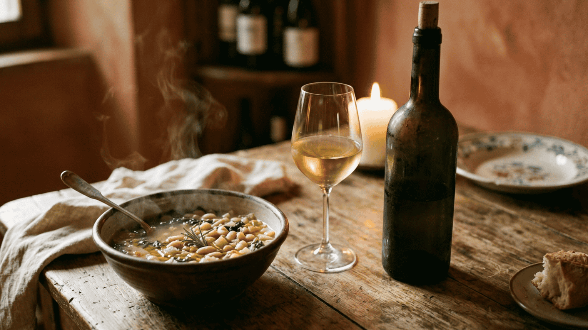 Glass and bottle of Soave beside steaming bean soup on a rustic candlelit table.