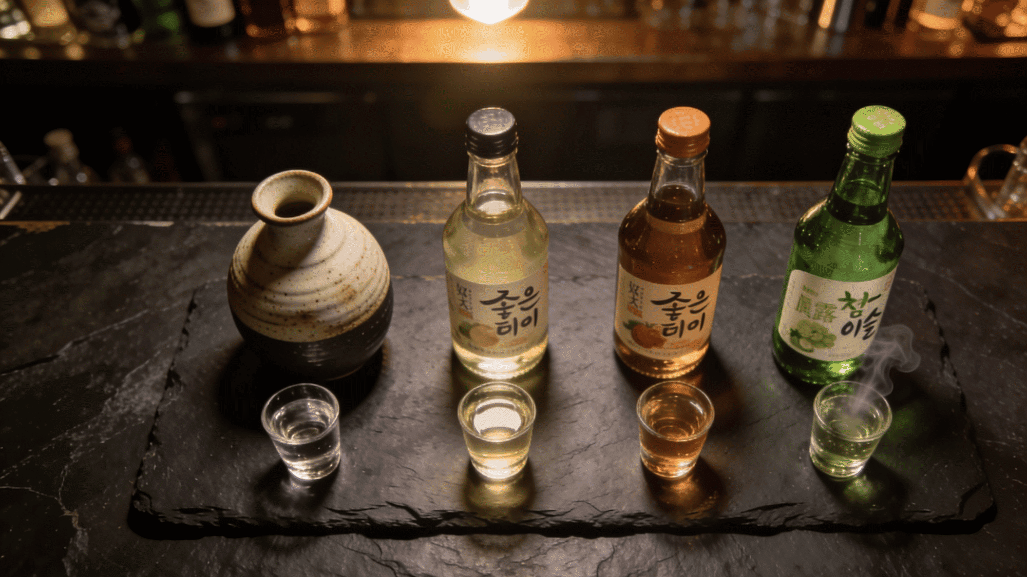Four soju varieties with shot glasses on a dark slate bar surface, from a ceramic traditional bottle to modern flavored ones