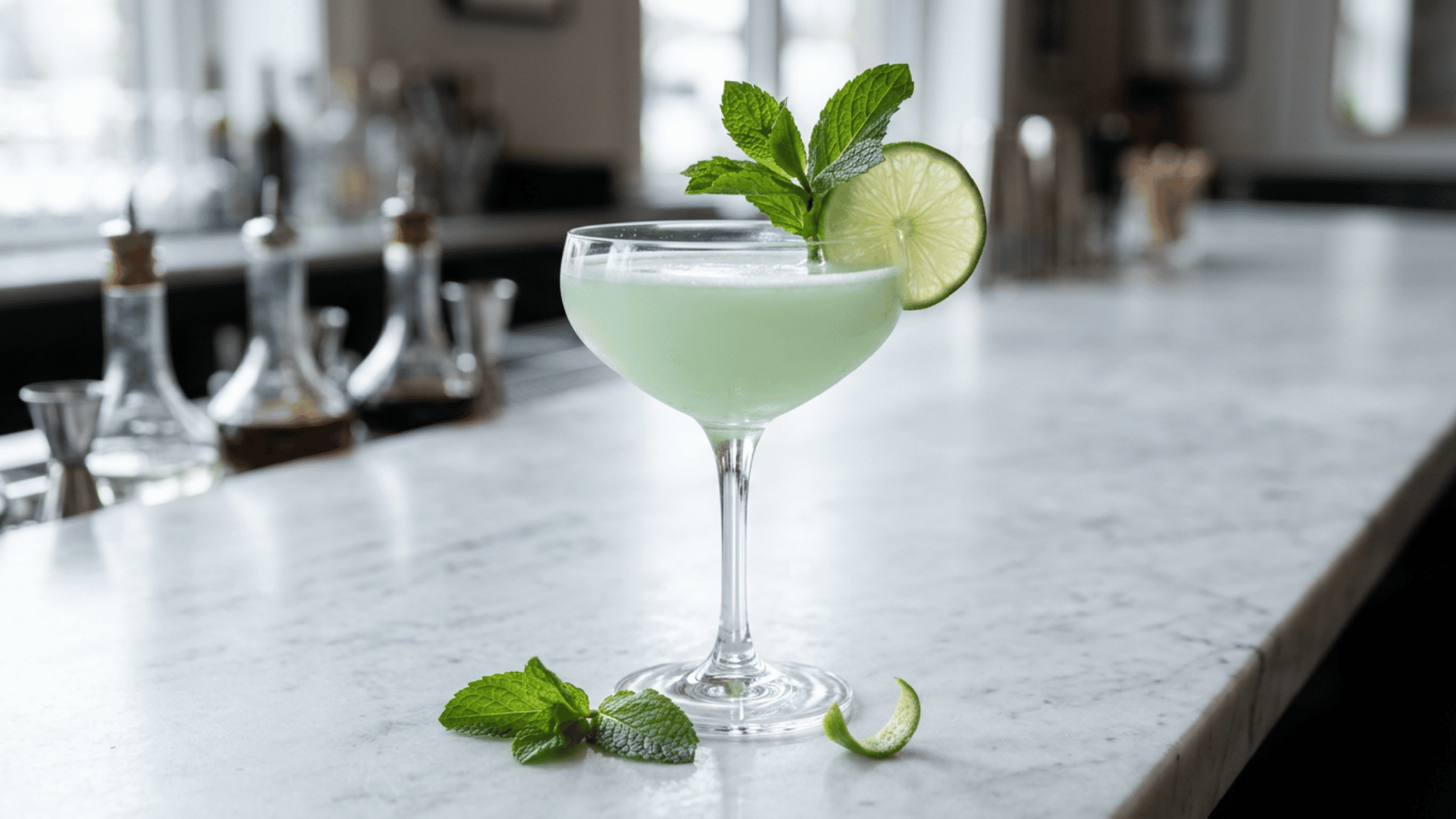 Southside cocktail with mint and lime in a coupe glass on a marble bar