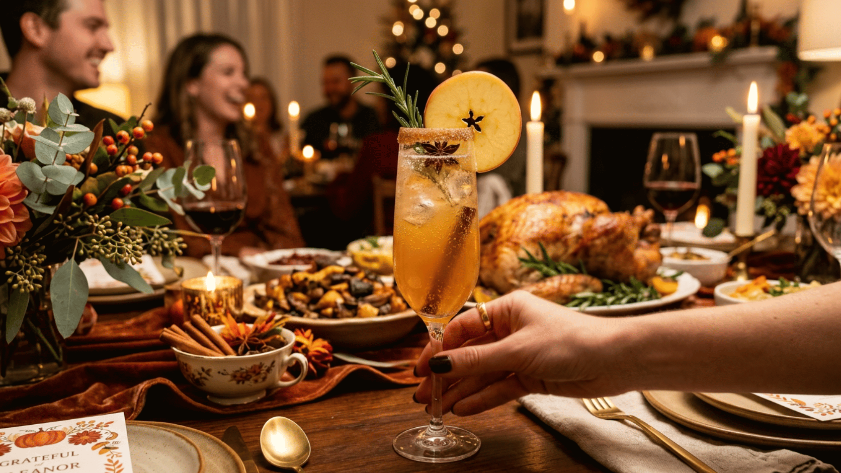 Sparkling Apple Cider Mocktail in a cinnamon-sugar-rimmed champagne flute, with an apple slice.