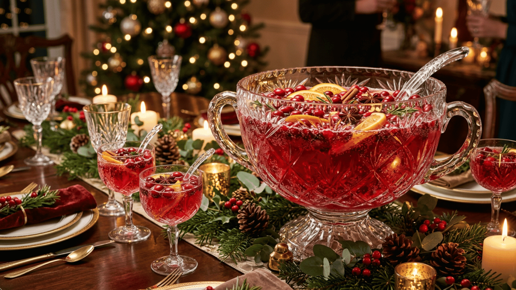 Vibrant jewel-toned Sparkling Cranberry Punch in a bowl, garnished with cranberries and orange slices.