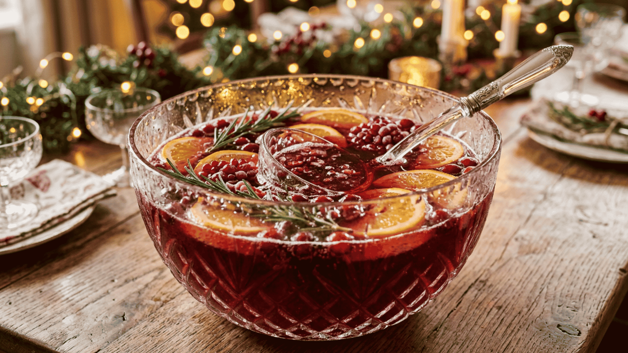 Sparkling pomegranate punch in a crystal bowl on a candlelit holiday dining table