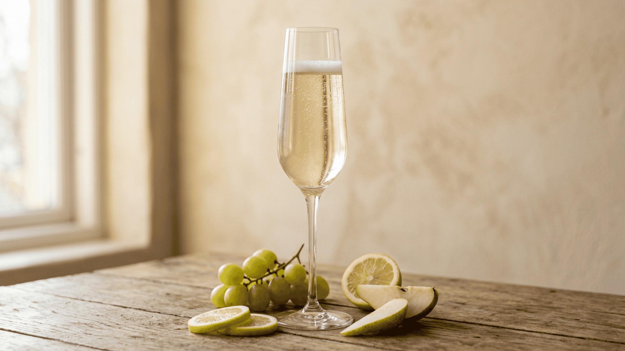 Glass of sparkling wine on a wooden table with grapes, pear, and lemon