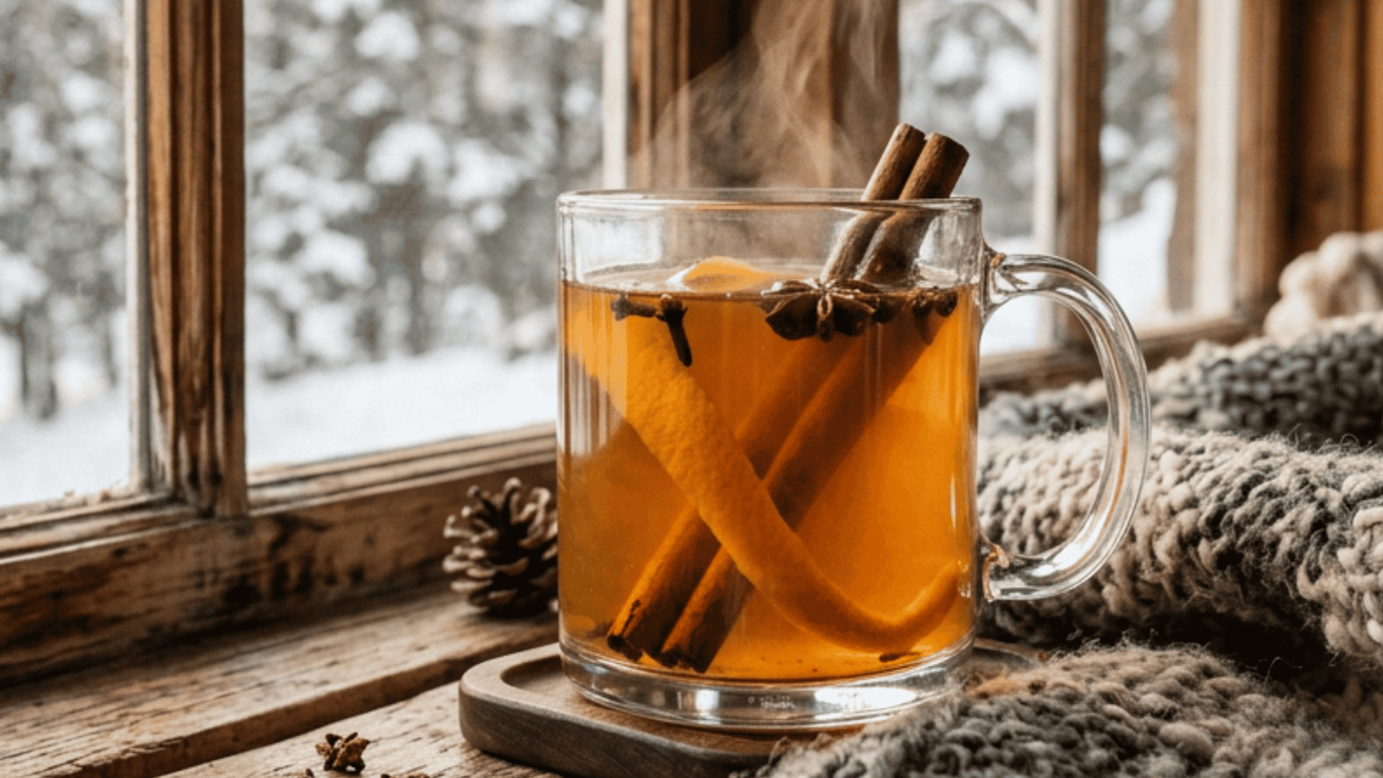 Steaming spiced apple cider toddy with cinnamon by a snowy window and cozy knit blanket.