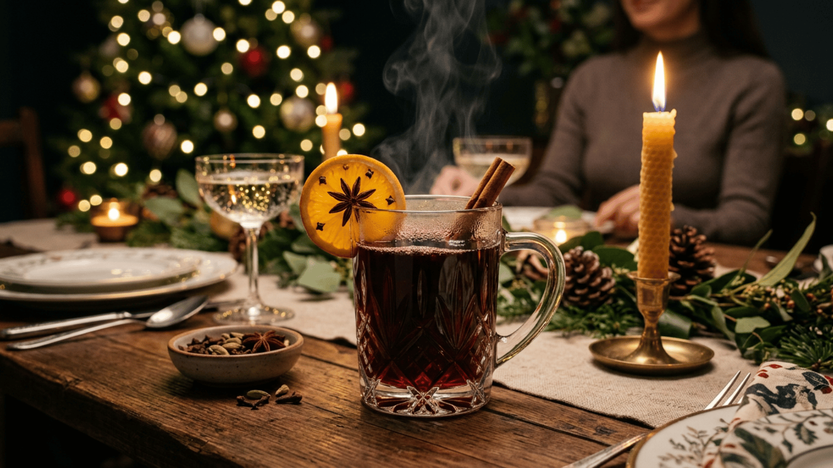 Warm Spiced Mulled Wine steaming in a mug, garnished with orange slices and star anise.