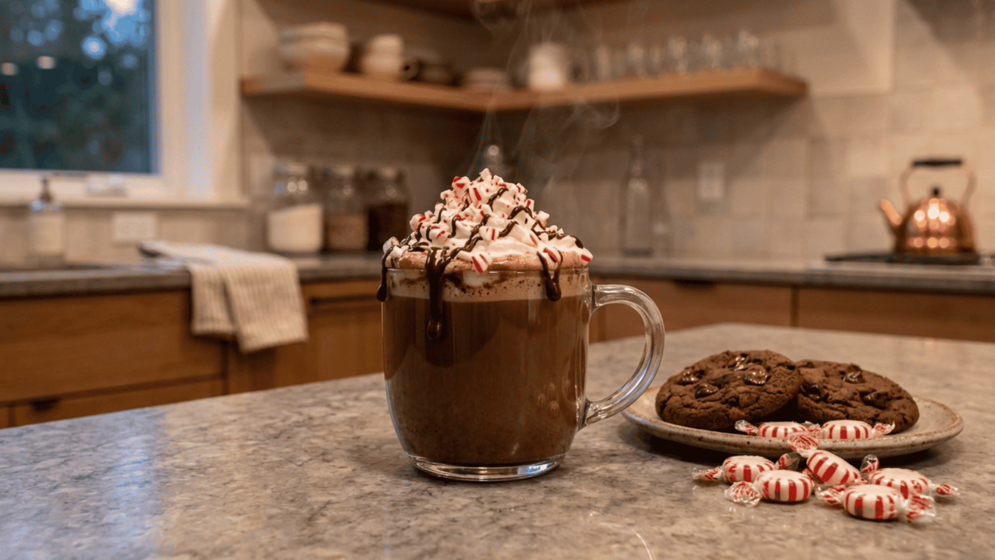 Peppermint hot chocolate topped with whipped cream beside cookies in a cozy kitchen