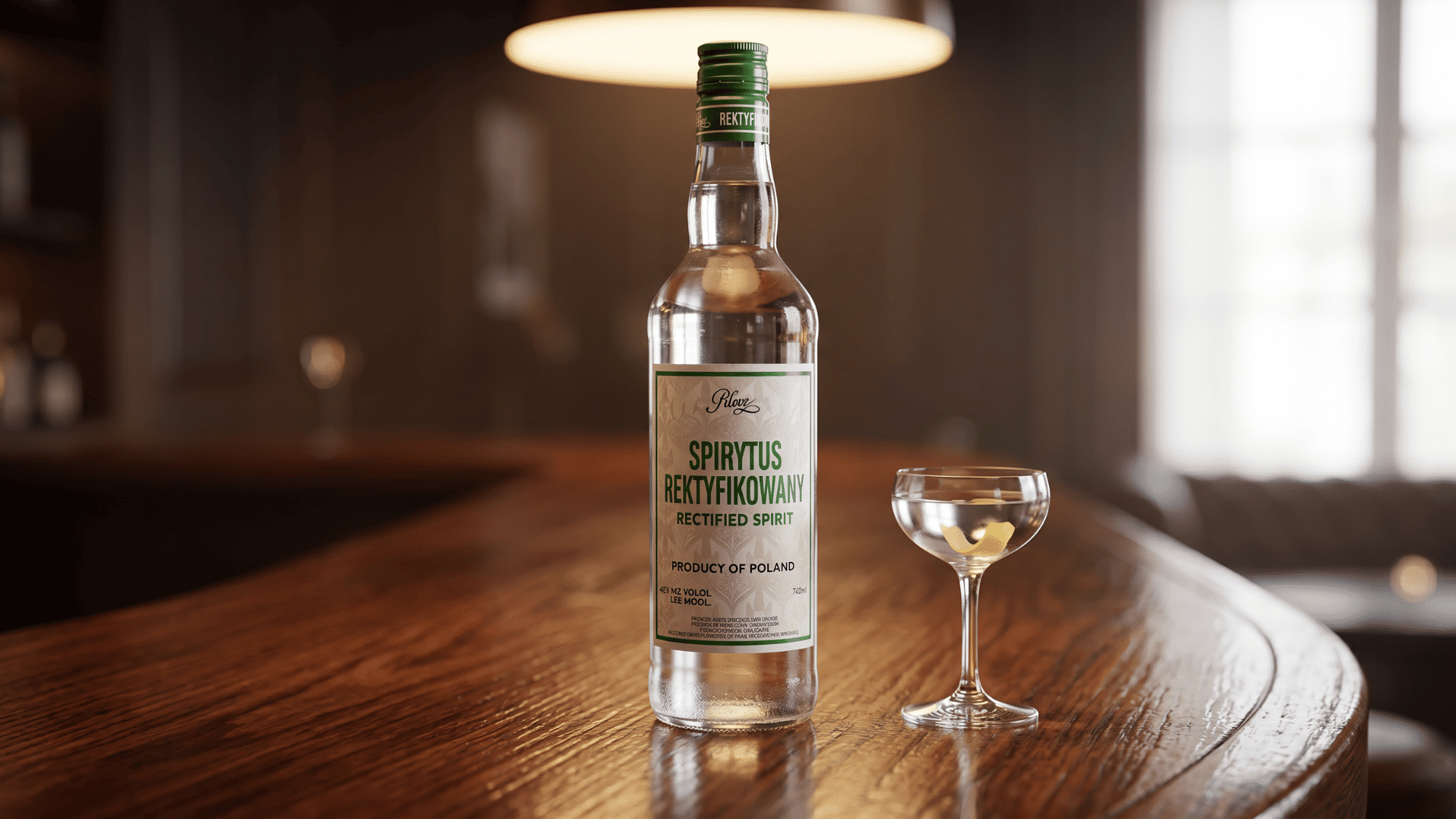 Spirytus Rektyfikowany rectified spirit bottle beside a coupe glass on wood bar