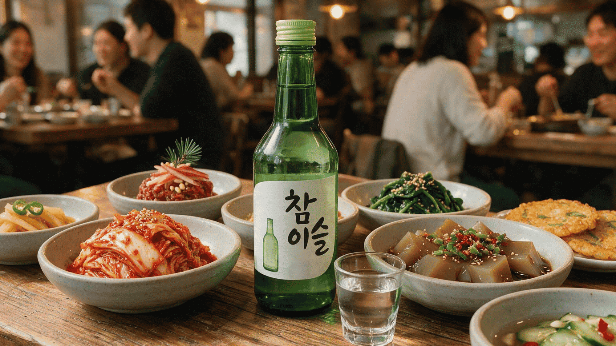 Green soju bottle and a shot glass on a white table in a Korean BBQ restaurant with warm bokeh lighting
