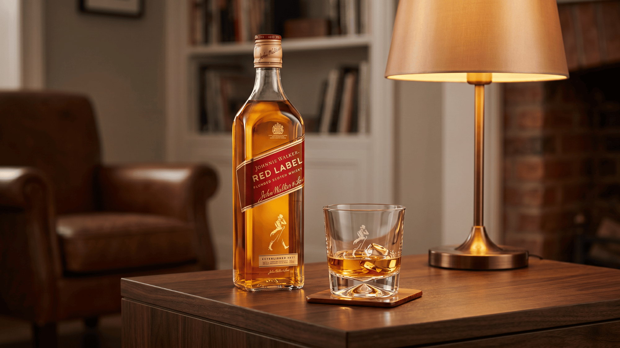 A Scotch whisky bottle and glass in a cozy living room with soft light