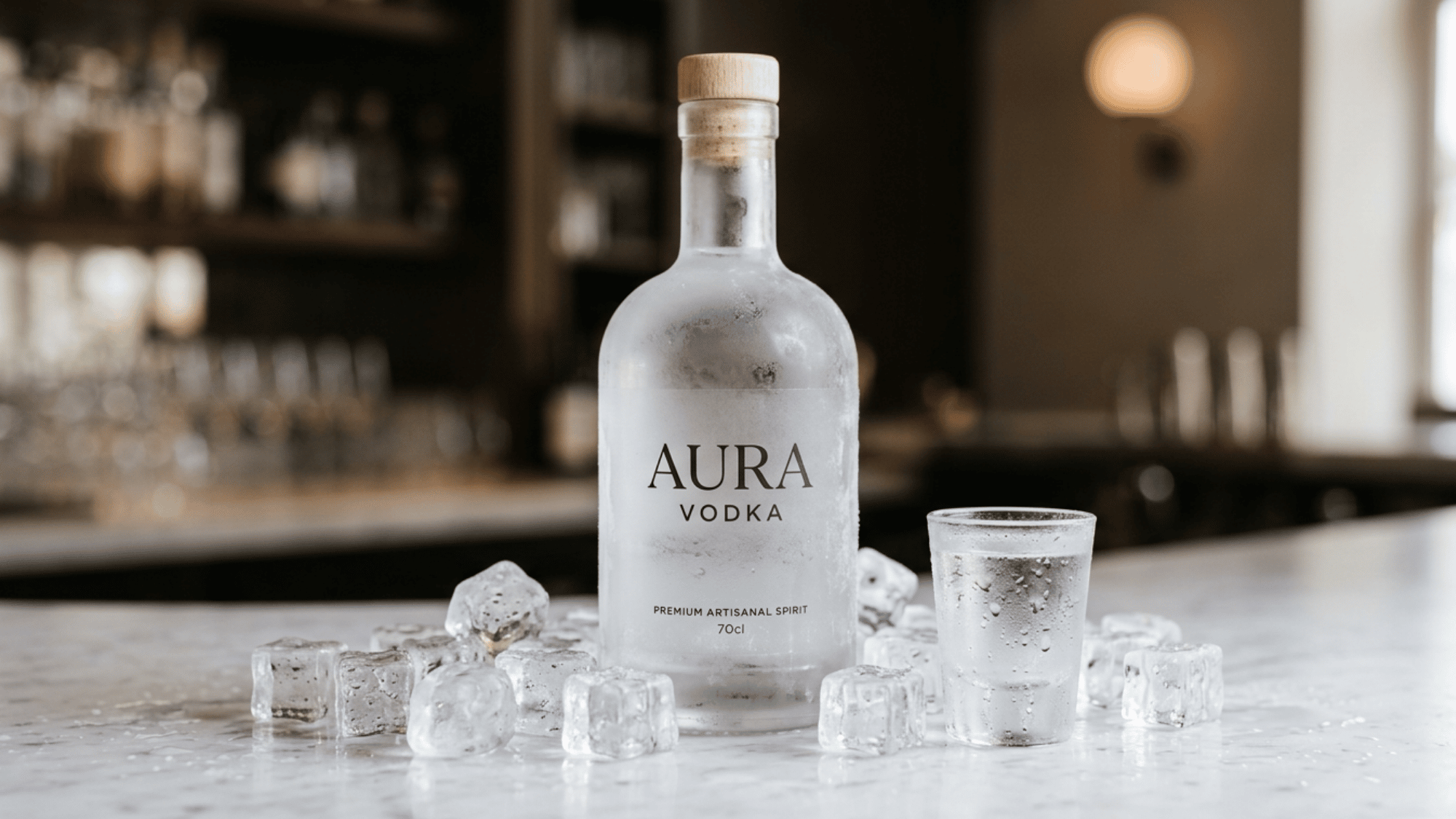 A bottle of standard 40% ABV vodka displayed next to a clean shot glass and a poured cocktail on a minimalist background.