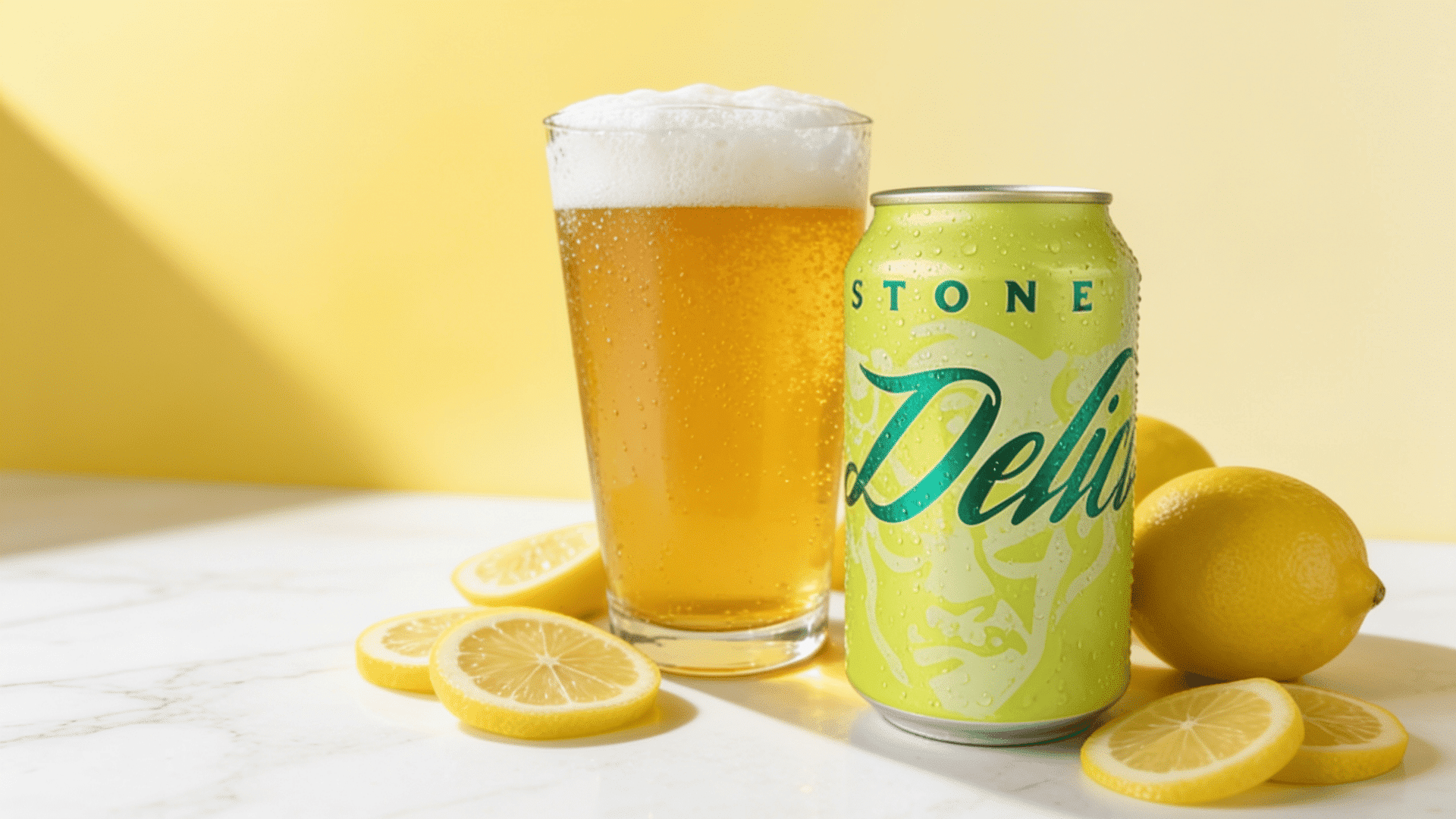 Stone Delicious IPA lime green can beside a pint glass of golden amber IPA with fresh lemon slices on a white marble surface.