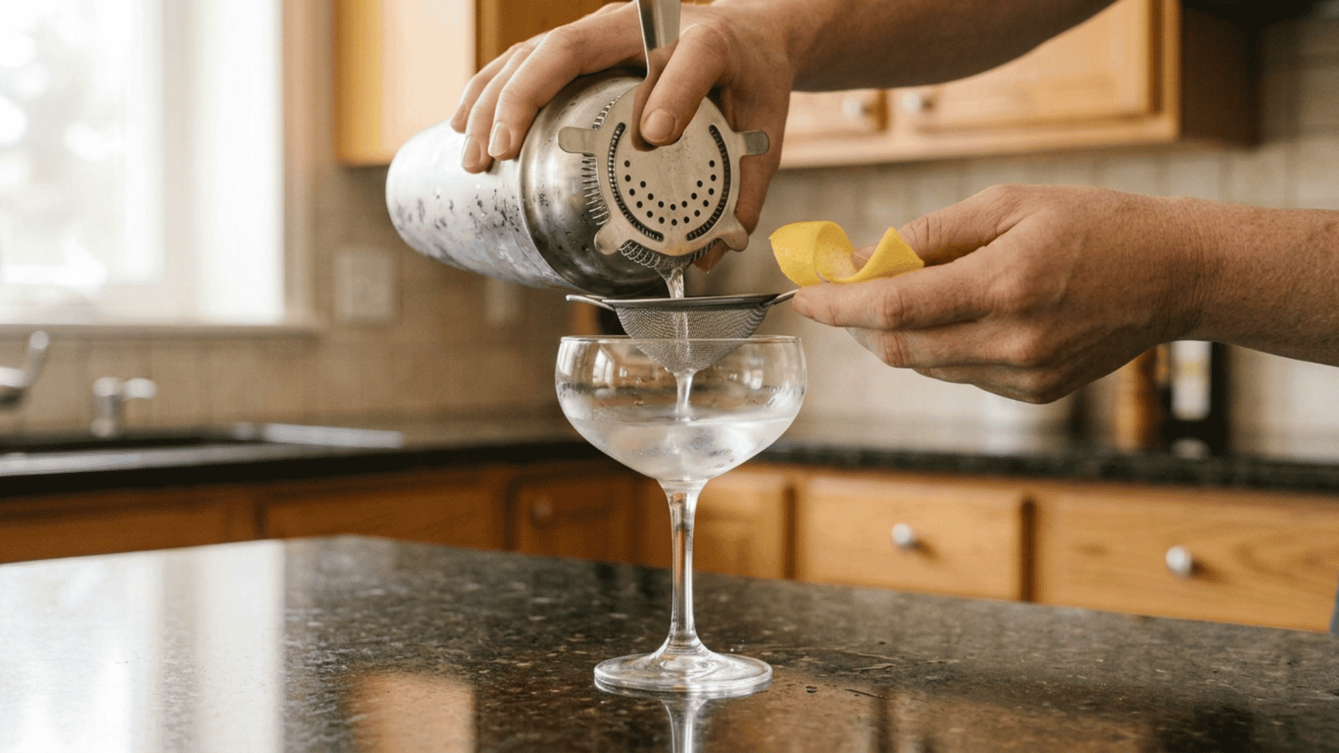 hands straining a cocktail into a coupe glass while holding lemon peel