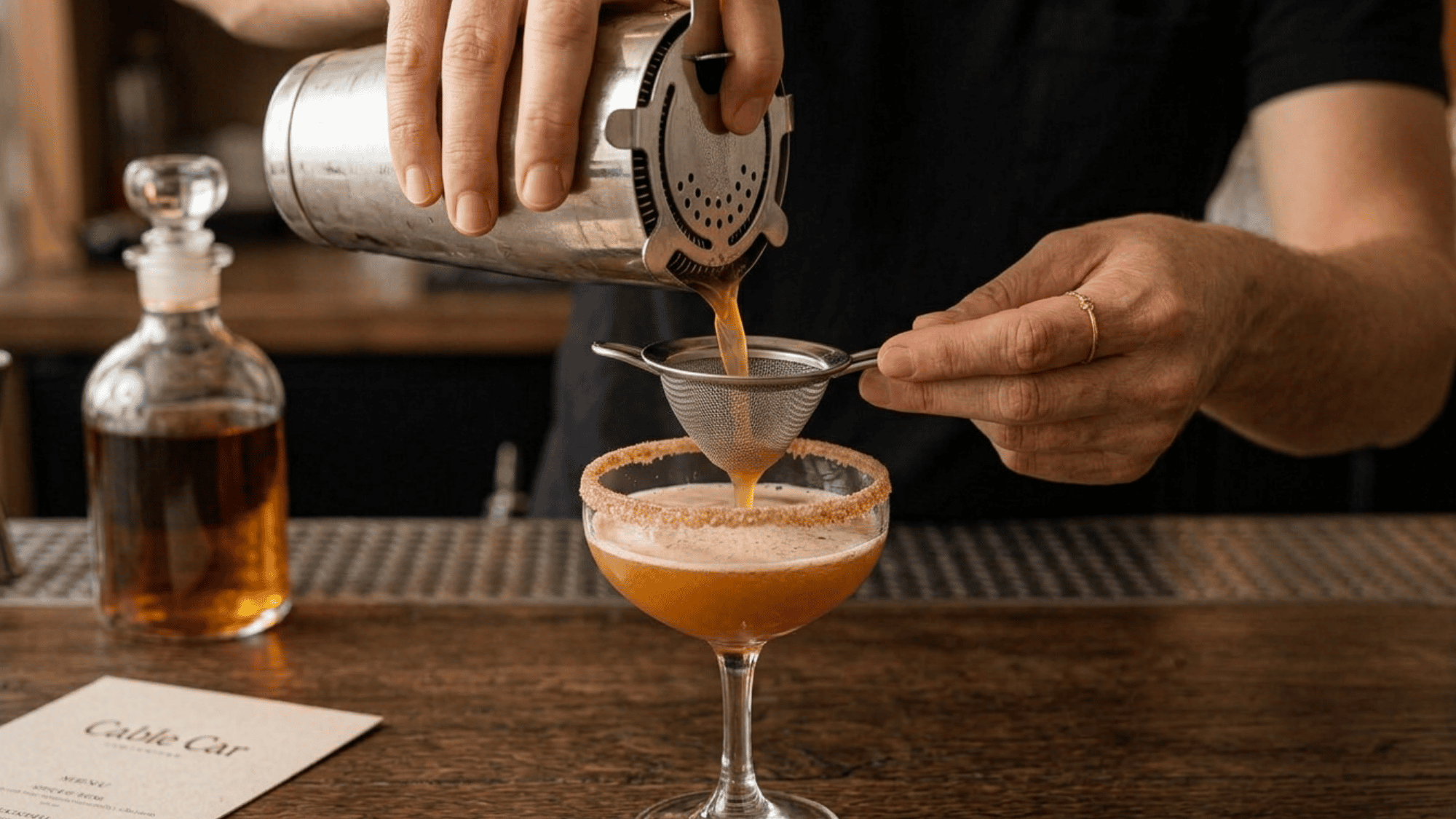 Pouring the cocktail from a shaker through a mesh strainer into a coupe glass.