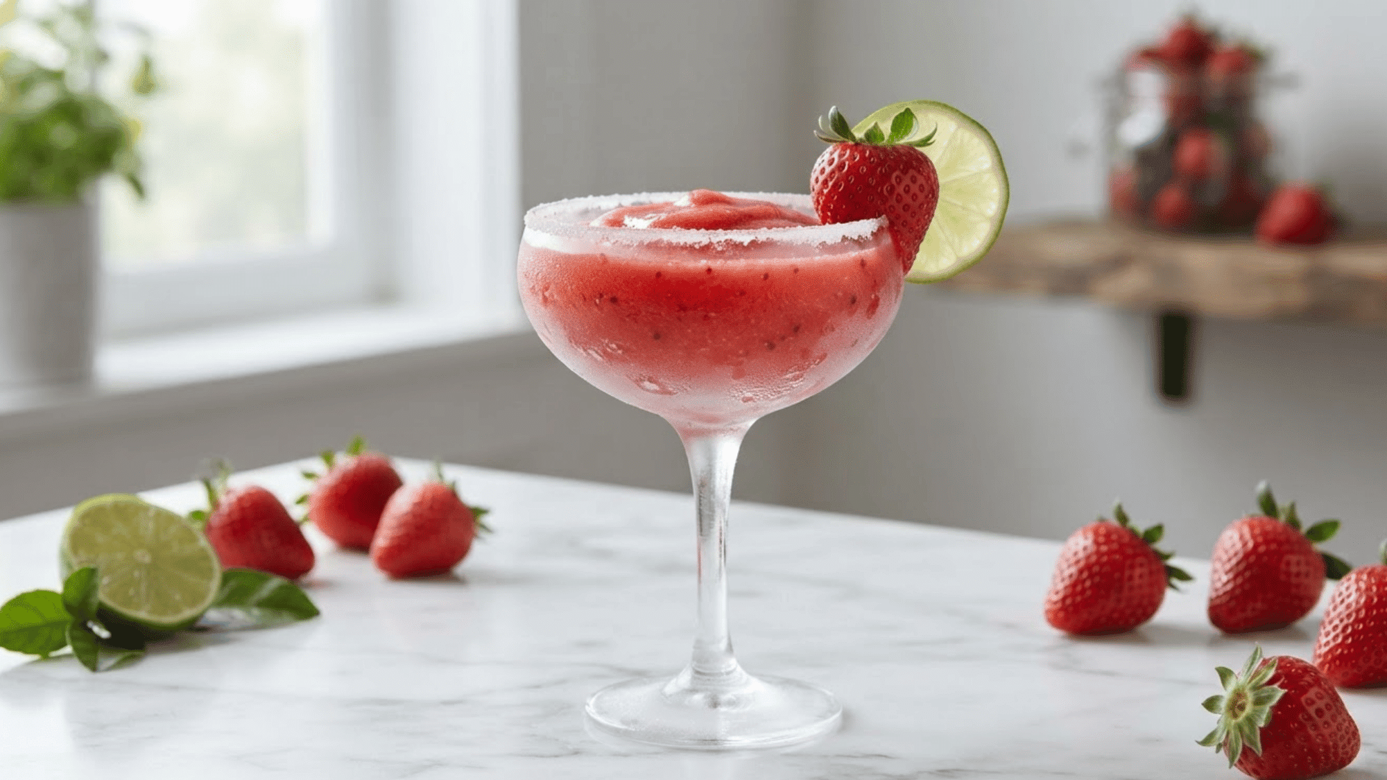 Strawberry Daiquiri with red frozen texture, lime, and fresh strawberry garnish.