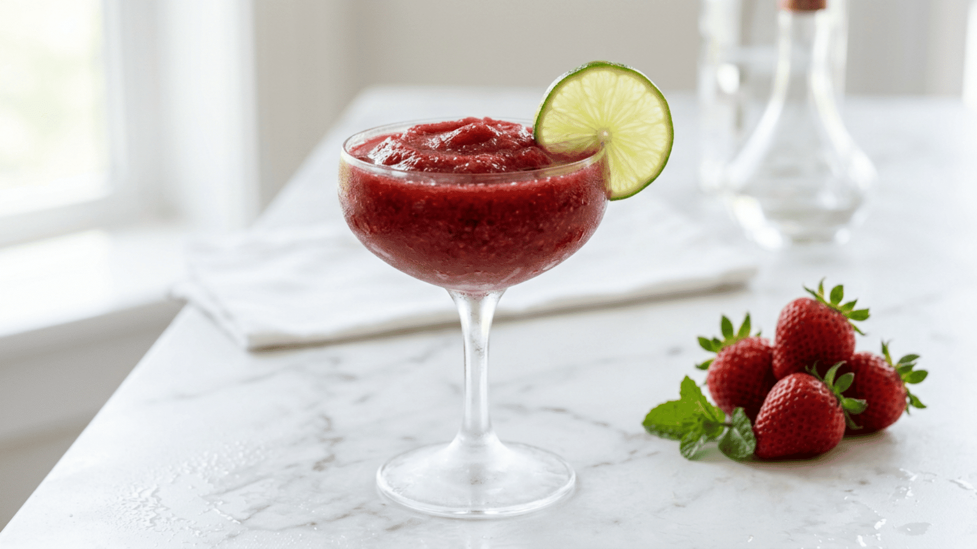 Frozen strawberry daiquiri in a coupe glass with lime and fresh strawberries.