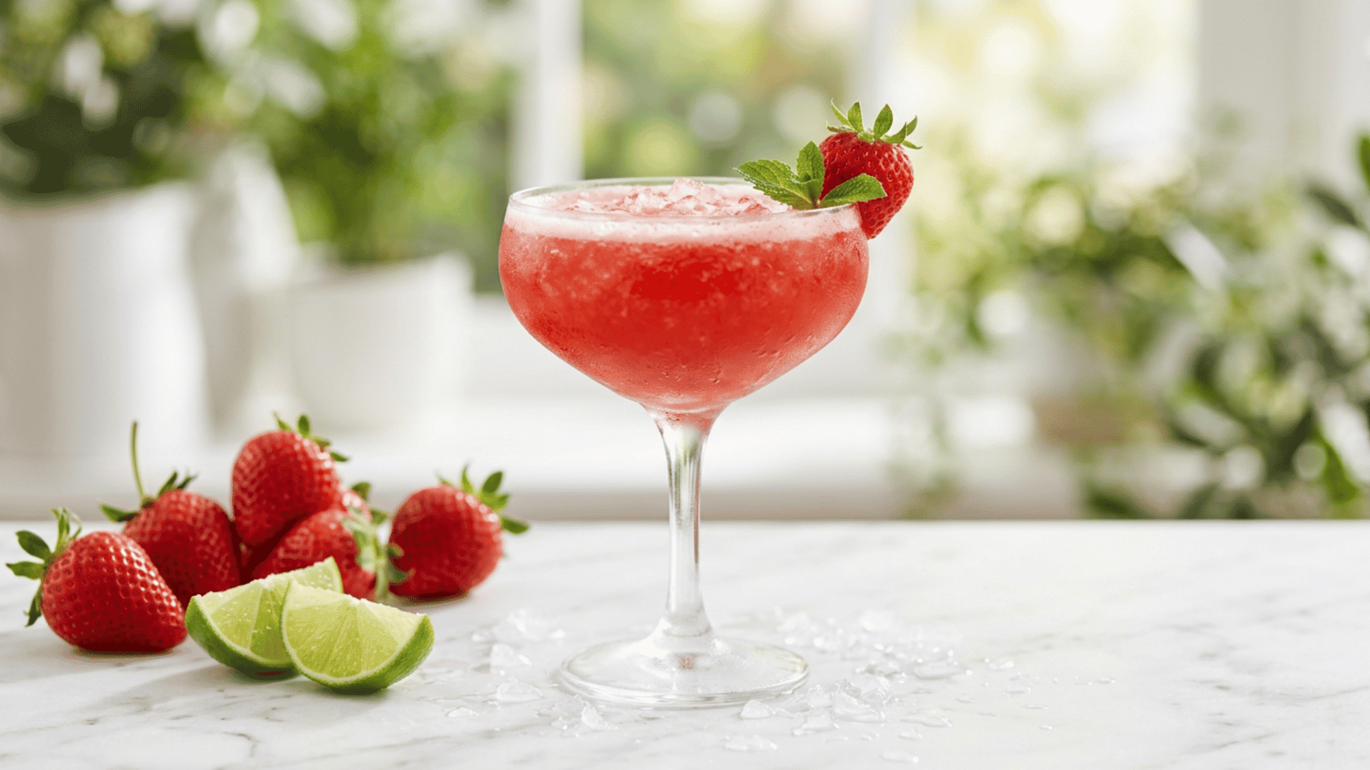 Strawberry daiquiri in a coupe glass with strawberries, lime, and crushed ice.