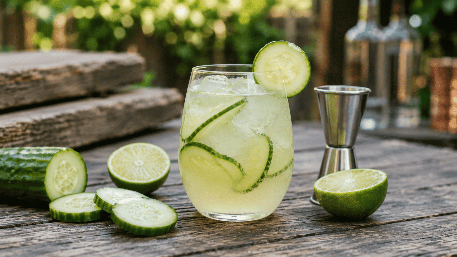 cucumber gin fizz with ice, lime, cucumber slices, and a metal jigger on a wooden table