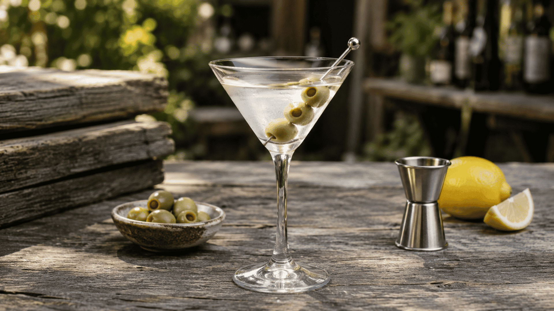 dry martini with three green olives, lemon, and a metal jigger on a weathered wooden table