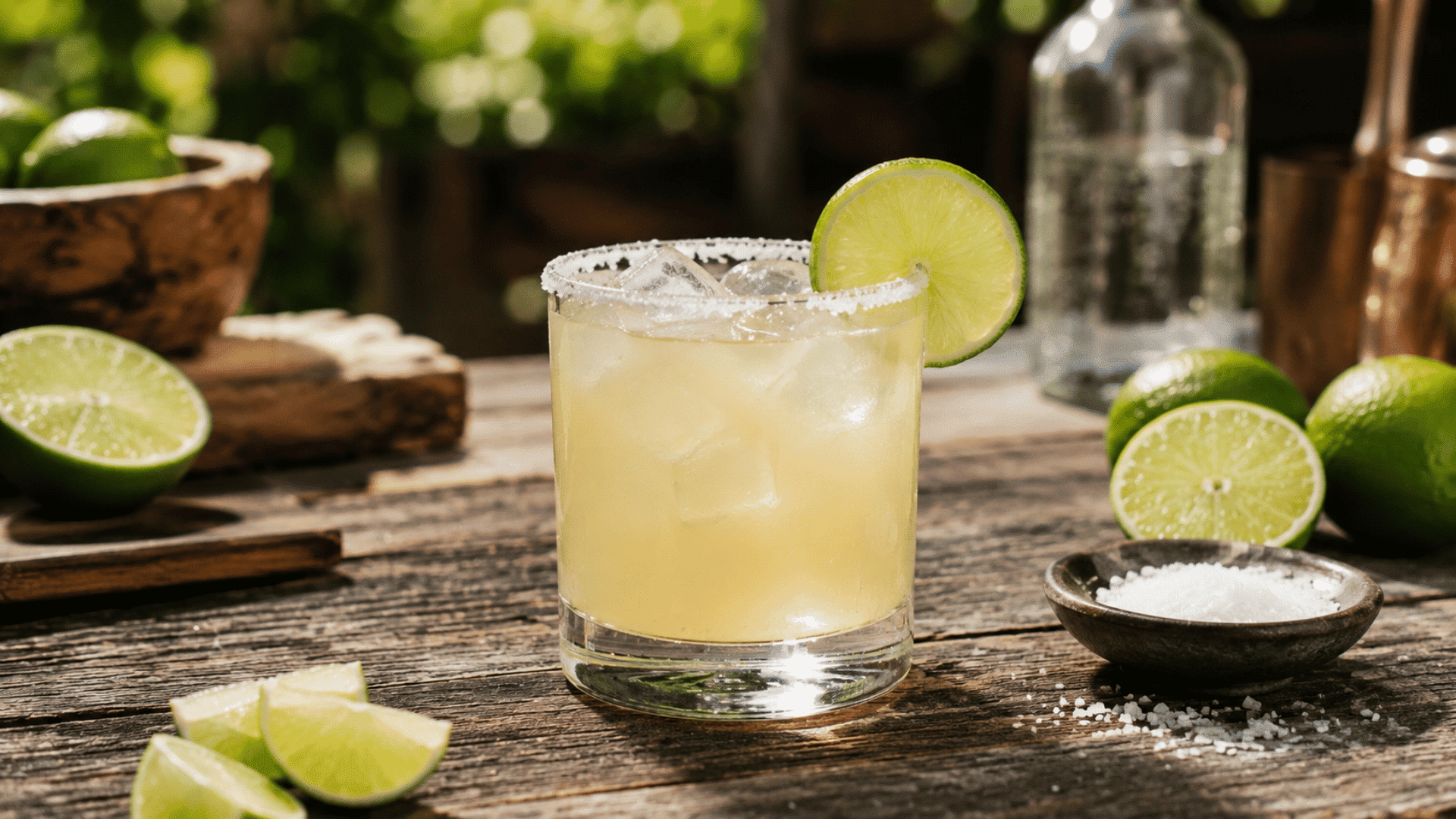 sugar-free margarita with a salted rim, fresh lime, ice, and tequila on a wooden table
