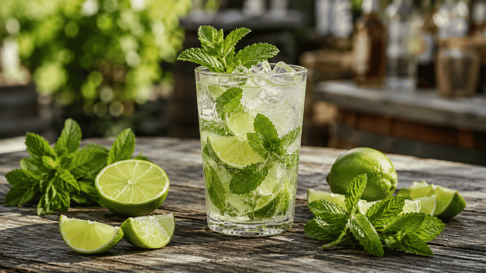 sugar-free mojito filled with ice, fresh mint, lime slices, and soda water on a rustic table