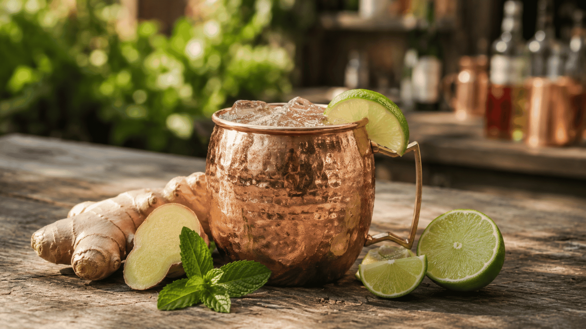 sugar-free Moscow mule in a copper mug with ginger, mint, fresh lime, and crushed ice