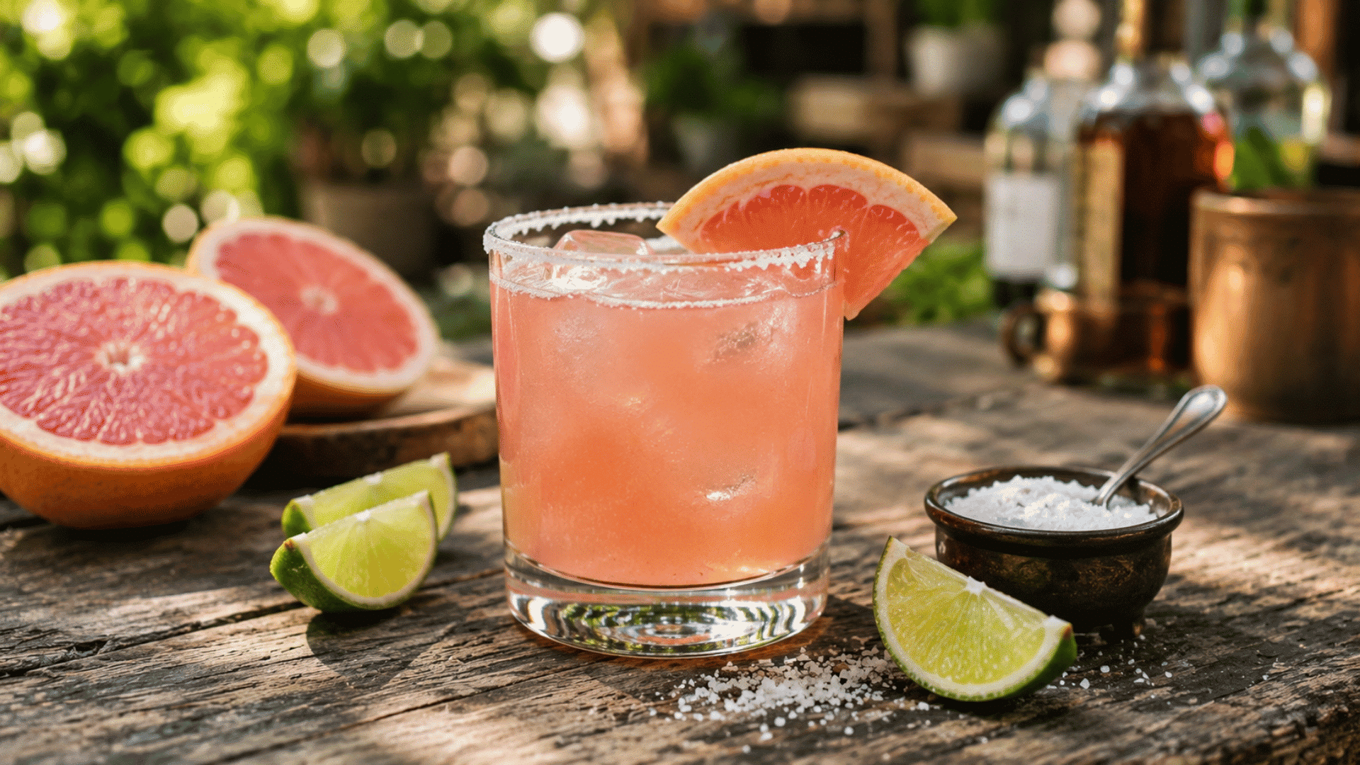 sugar-free paloma with grapefruit, lime, ice, and a salted rim on a rustic outdoor table