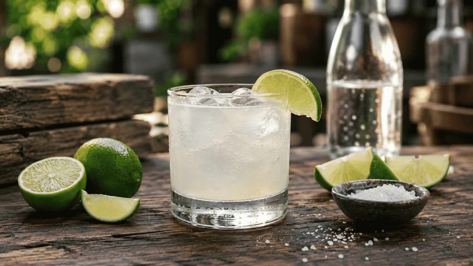 sugar-free ranch water with lime, ice, mineral water, and salt on a rustic wooden table