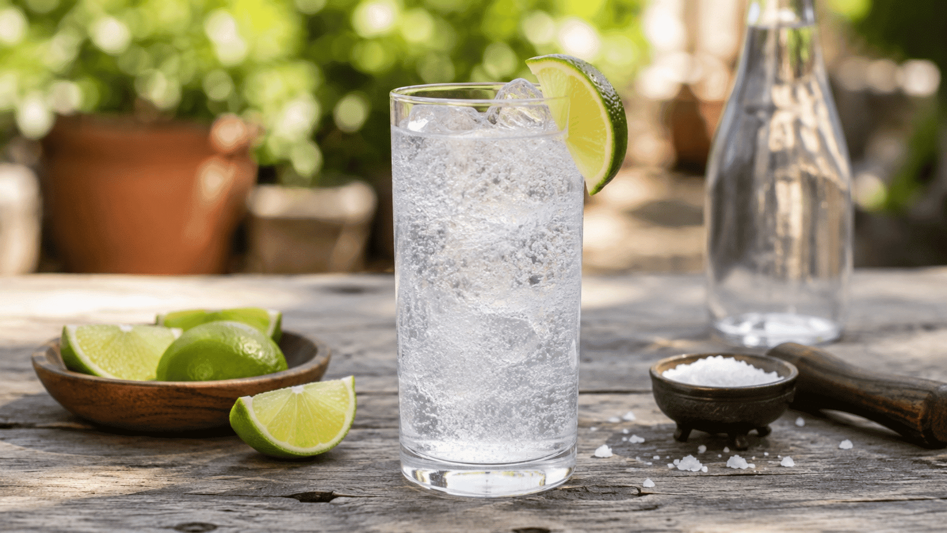 clear vodka soda with ice, lime garnish, soda water, and lime wedges on a wooden patio table