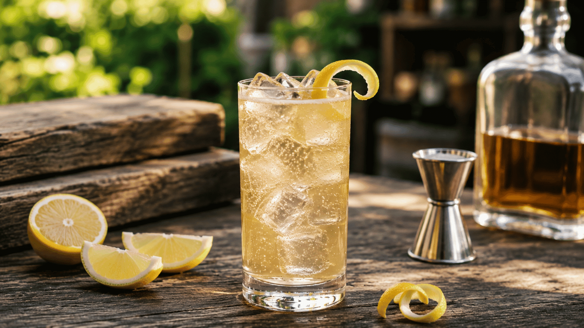 sugar-free whiskey highball with ice, soda bubbles, lemon peel, and whiskey on a wooden table