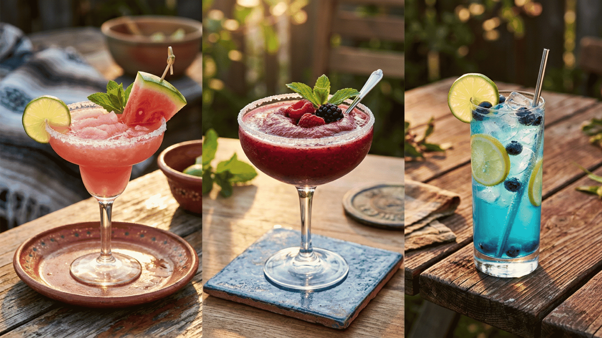 Tequila cocktails with watermelon, berry, and blue lemonade on wood table