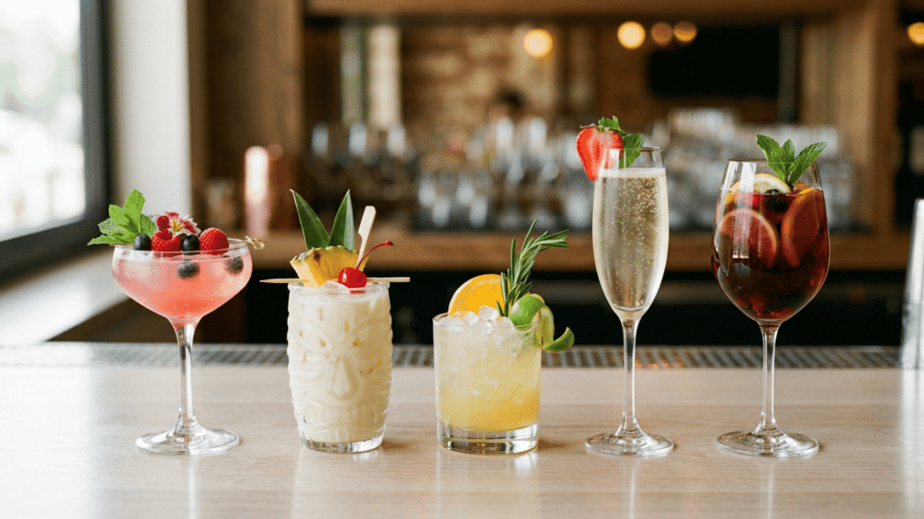 Assorted sweet alcoholic drinks on a clean bar with fruit garnishes, including fruity, creamy, sangria-style cocktails.