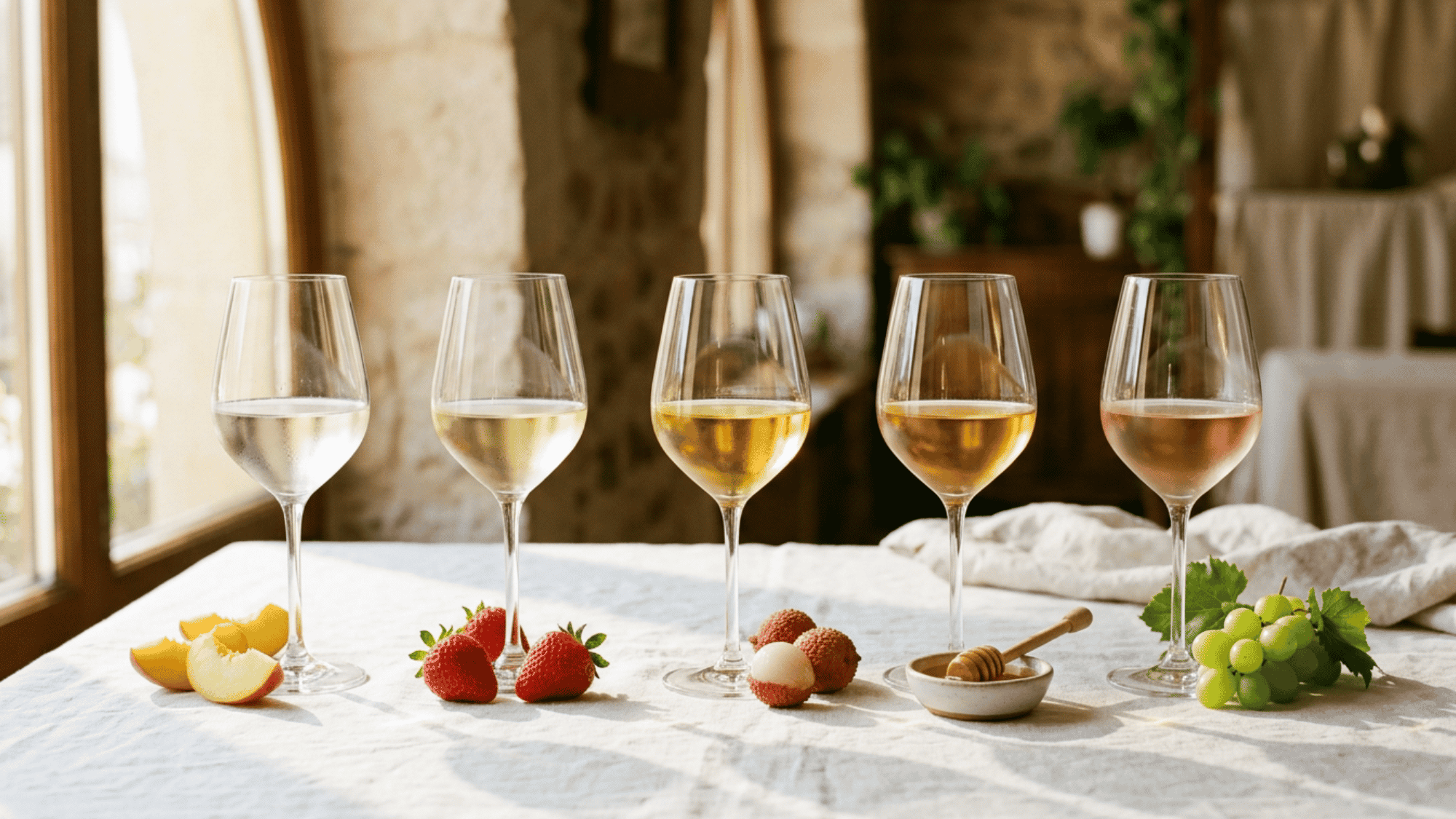Five white wine glasses with fruits showing sweeter alternatives to Chardonnay