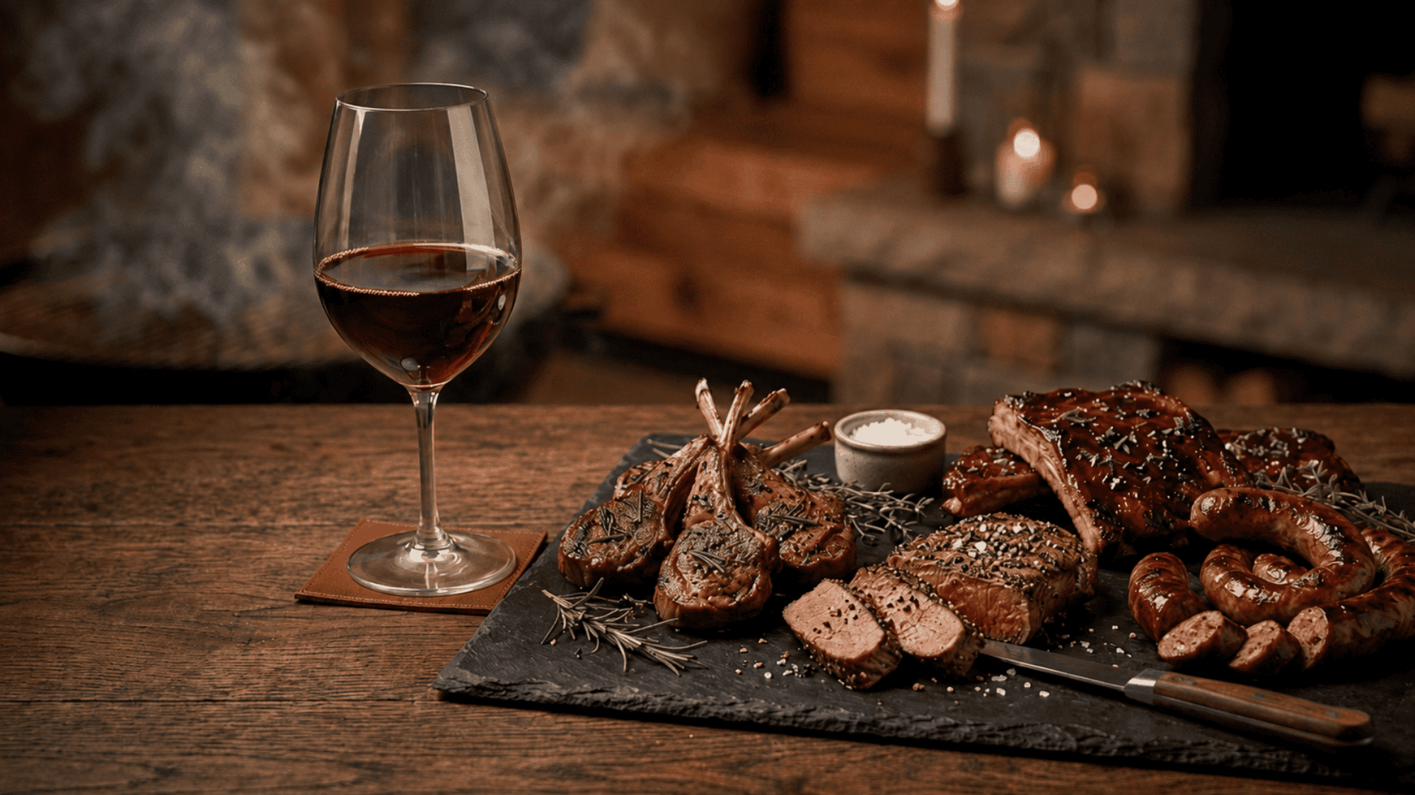 Wine glass beside grilled meats on rustic table in warm candlelit setting