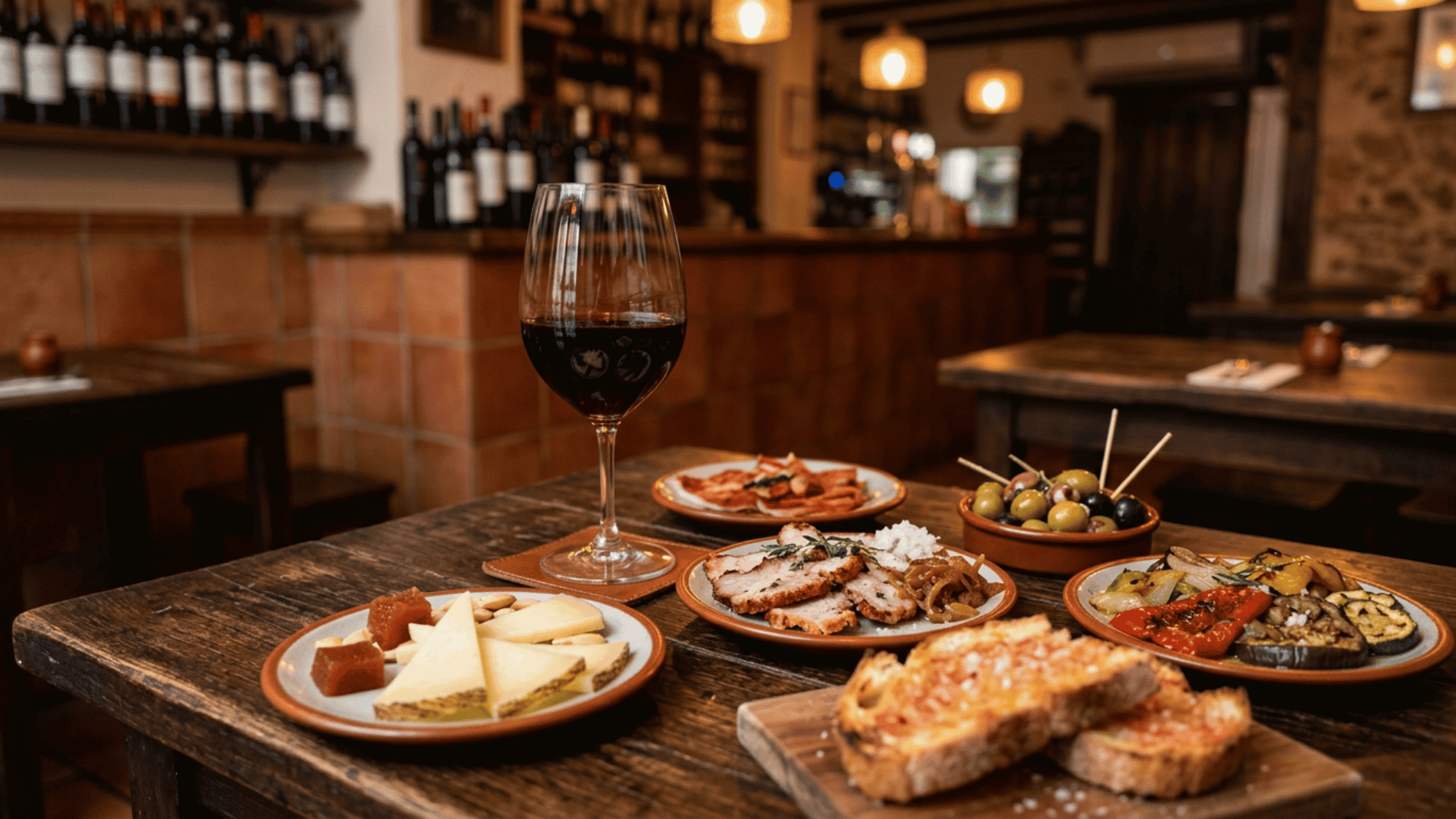 Tempranillo with tapas, cheese, olives, pork, and grilled vegetables