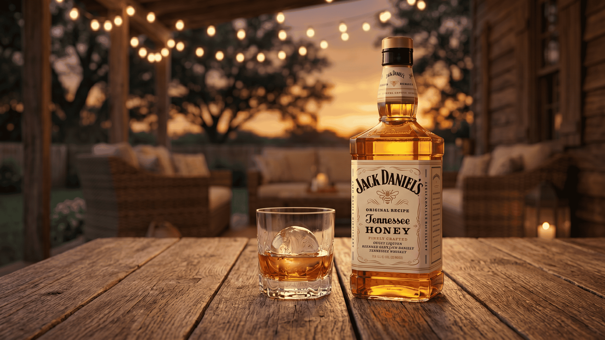 A Tennessee whiskey bottle and glass on rustic porch at sunset glow