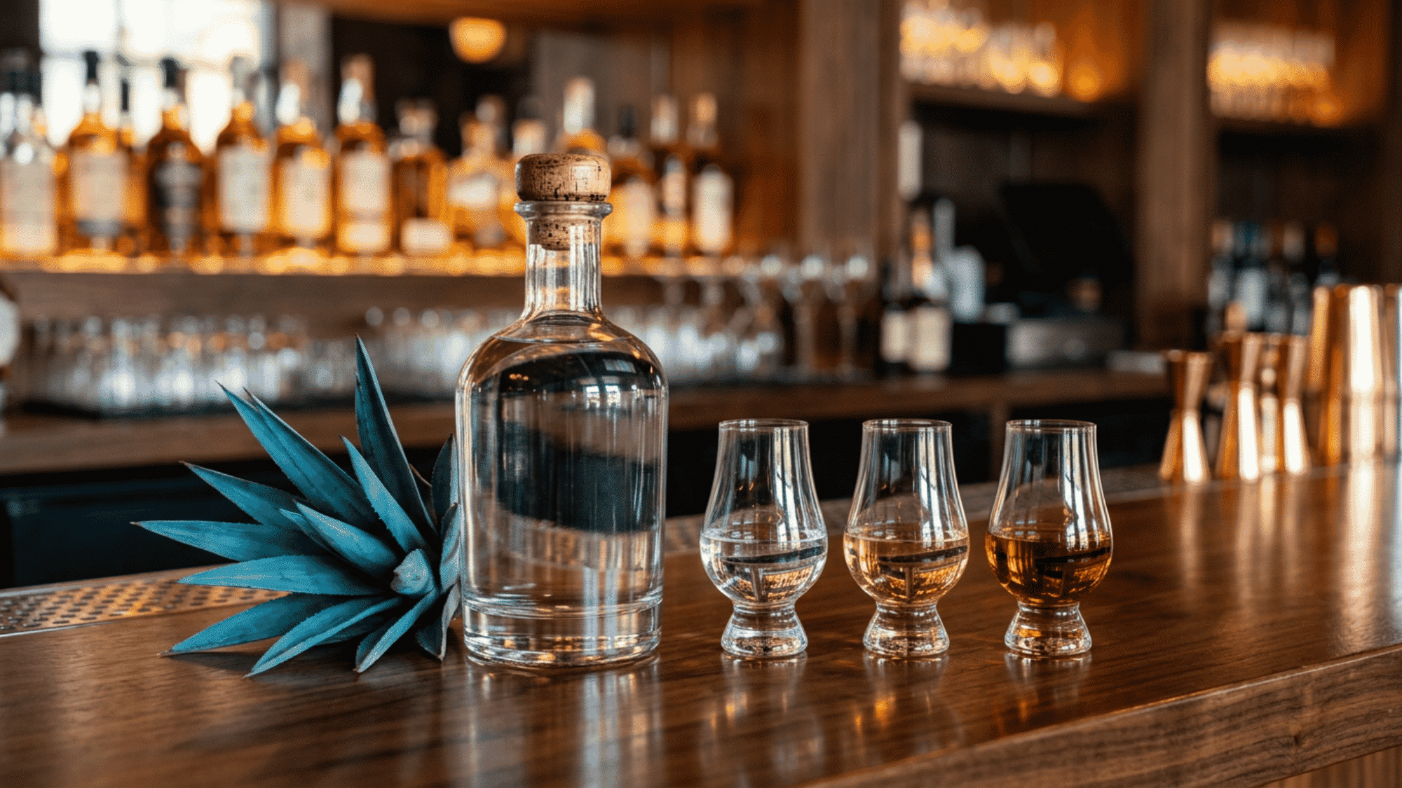 Tequila bottle with three tasting glasses on a wooden bar counter