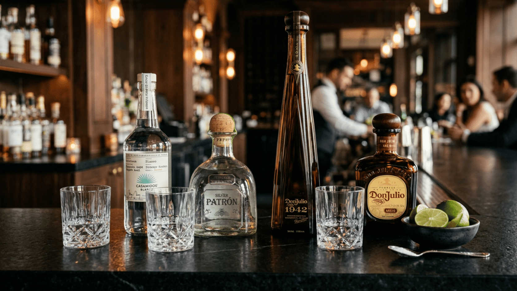 Premium tequila bottles with crystal glasses and fresh lime on a marble bar in an upscale lounge.