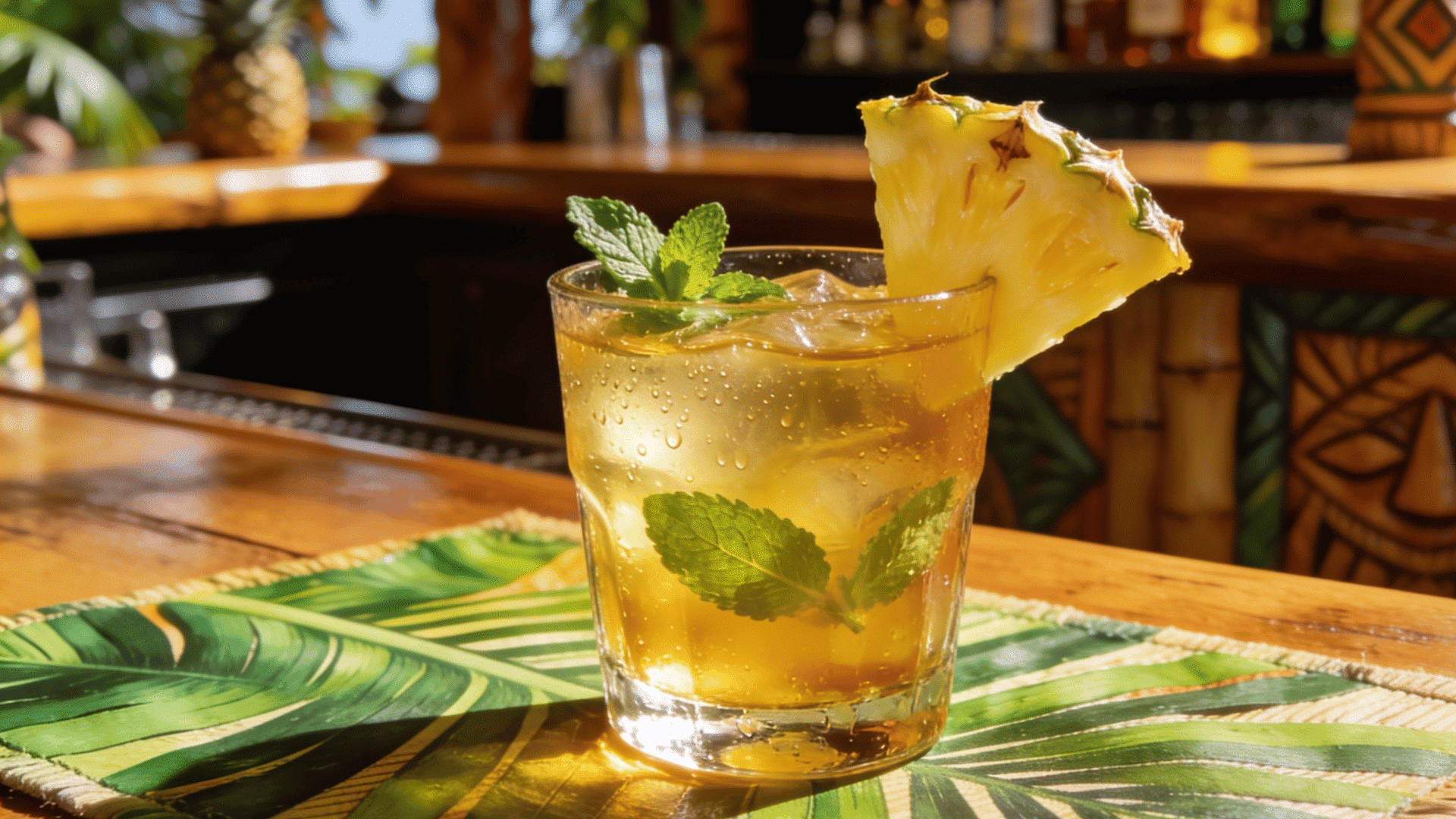 Tequila pineapple juice with mint and wedge