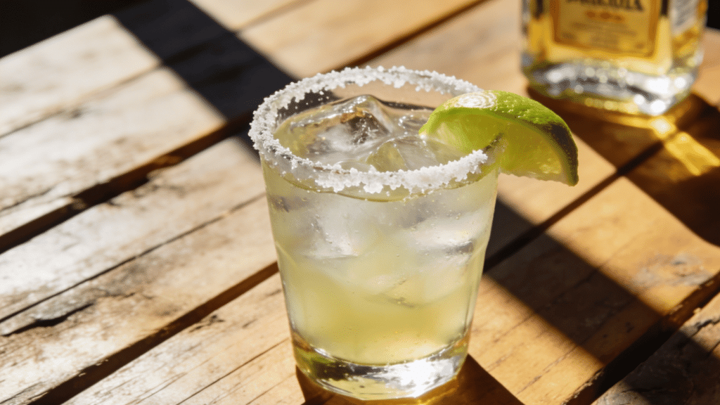 tequila drink with lemon and ice.
