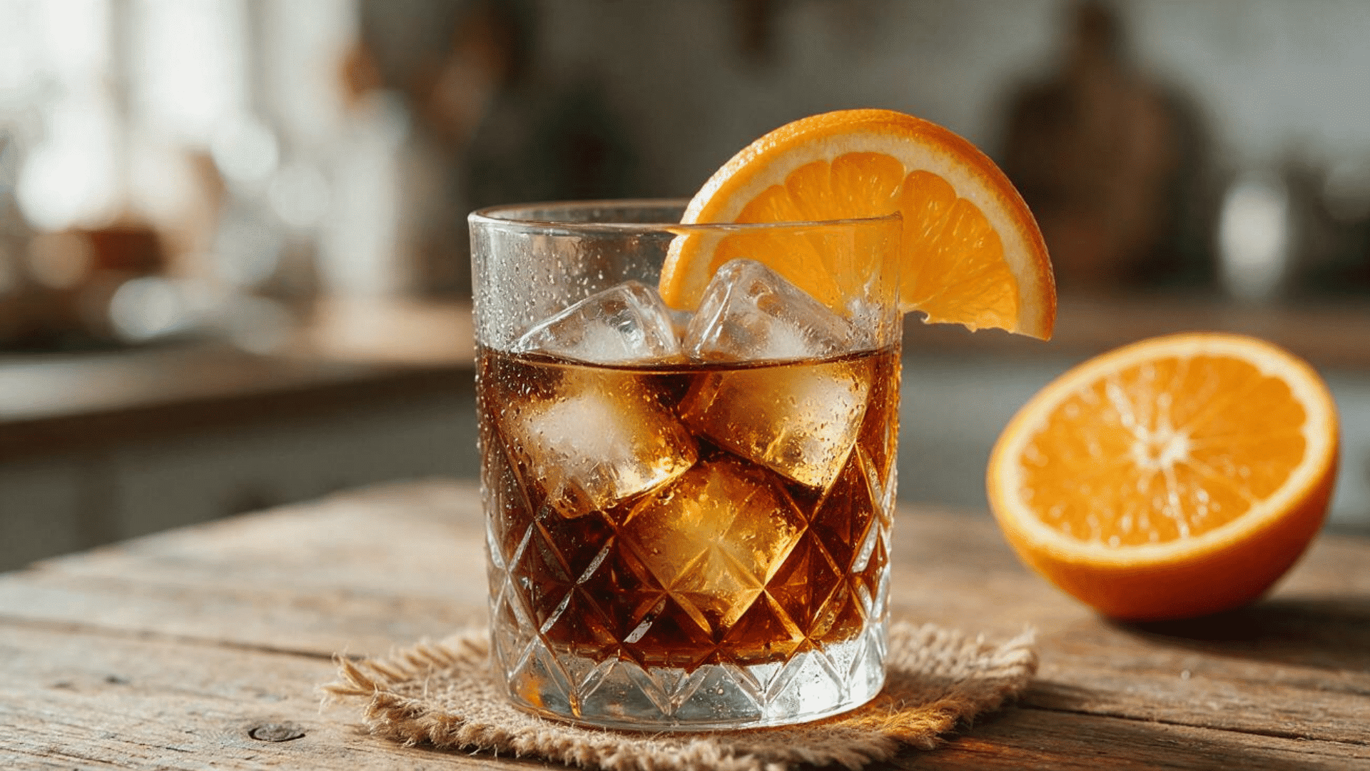 Tequila Negroni with orange peel and ice