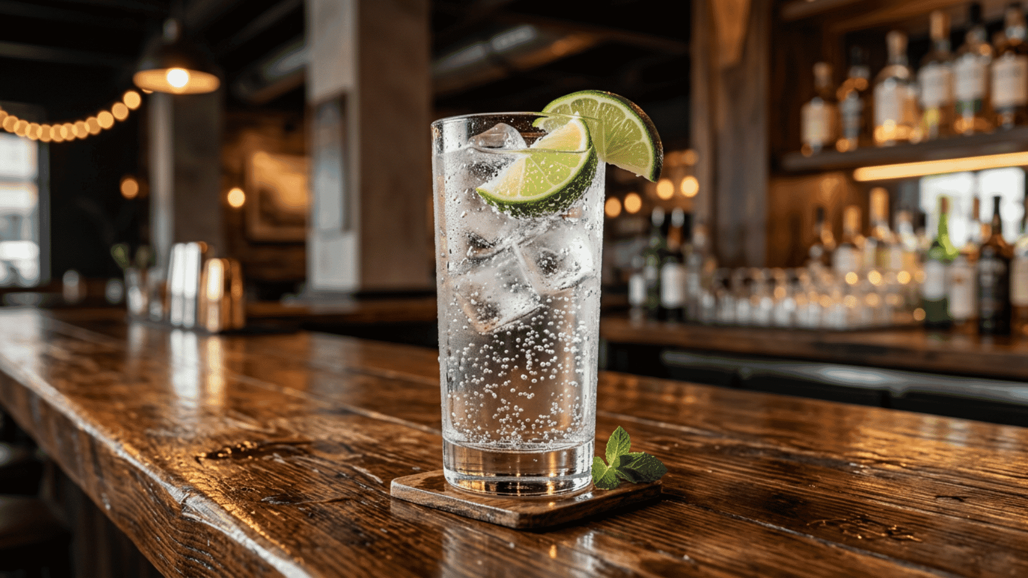 Tequila soda with lime and mint on a polished wooden bar counter