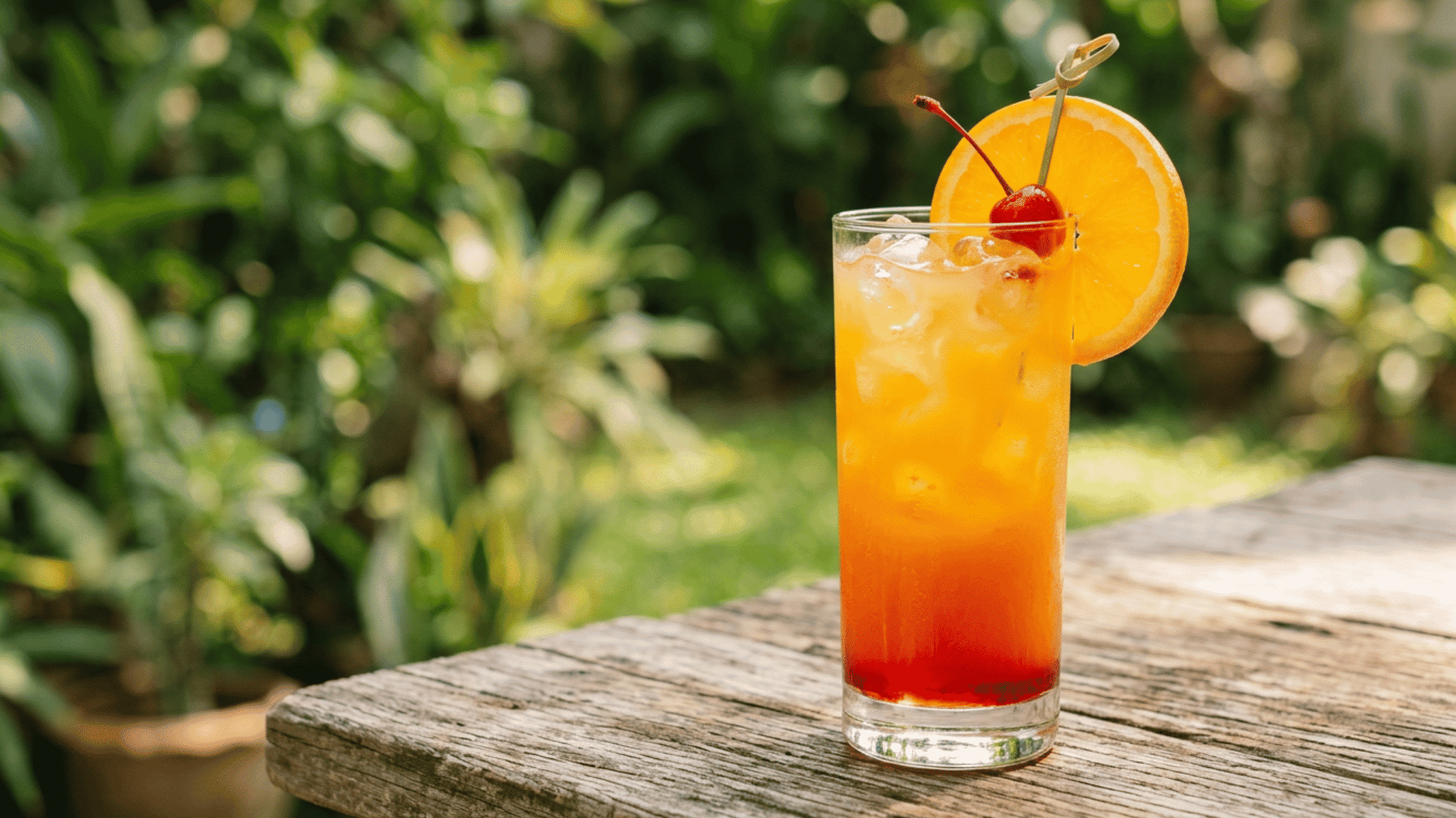 Tequila Sunrise with orange, cherry, ice, and red grenadine layer