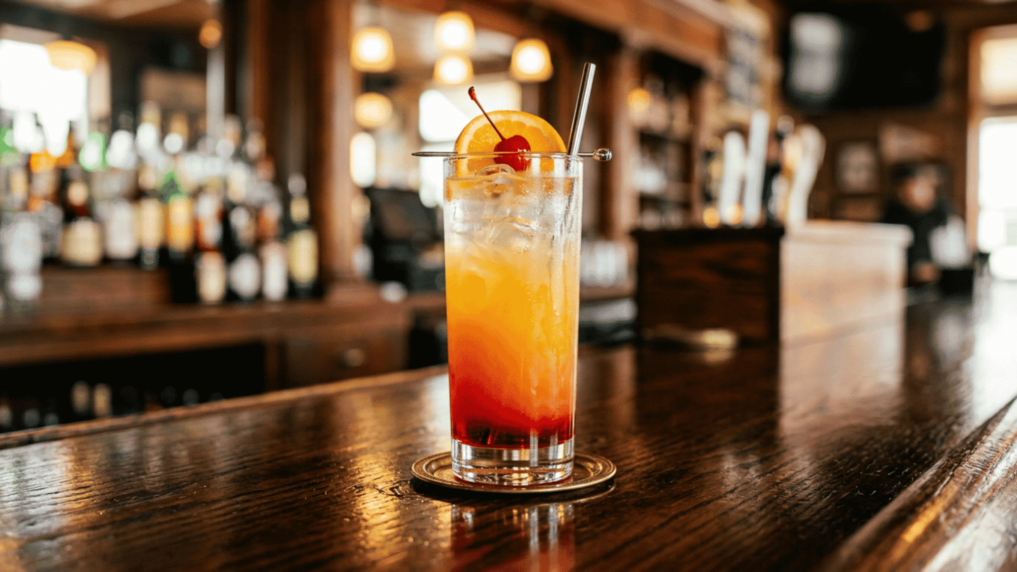 Tequila sunrise with orange slice and cherry on a wooden bar counter