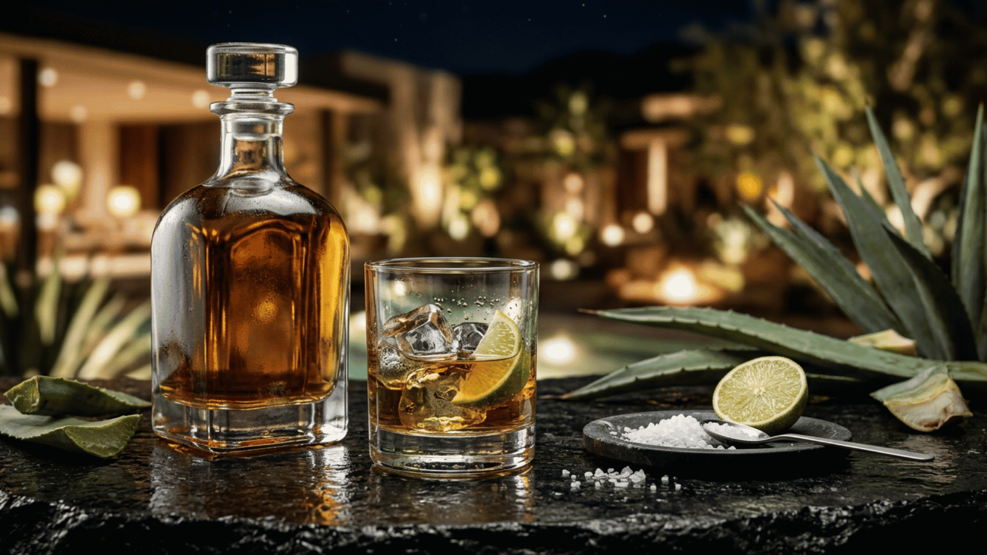 Tequila bottle and shot glass with lime and salt on rustic bar surface