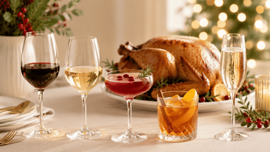 Festive Thanksgiving table with wine, cocktails, champagne, and roasted turkey in a holiday setting.