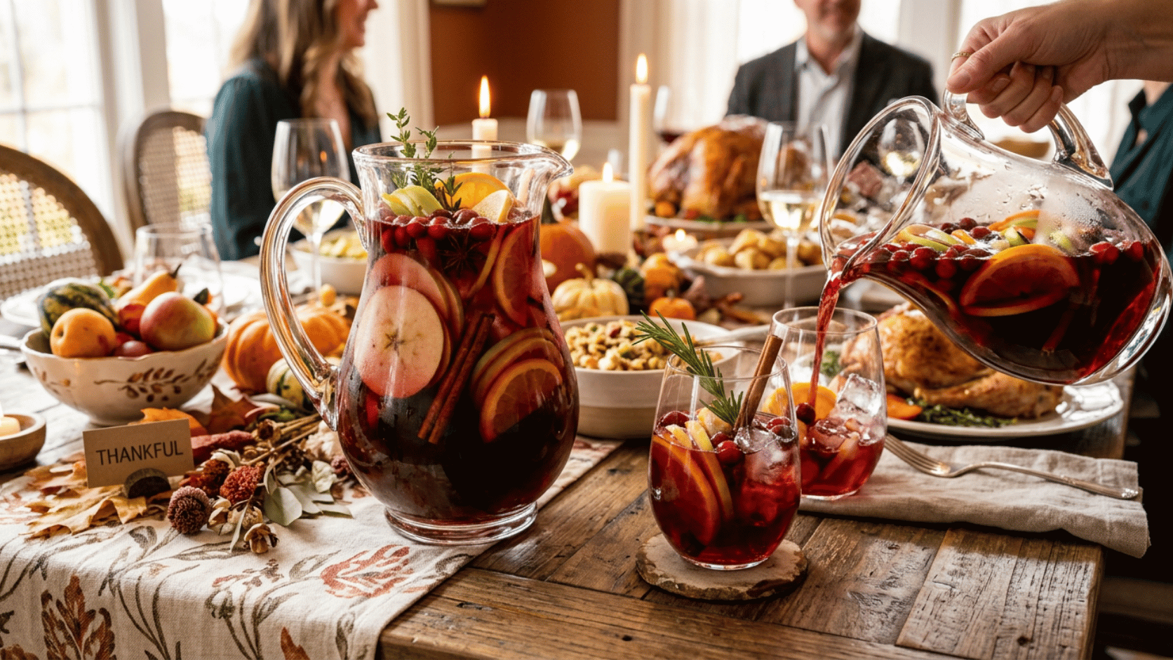 Rich red Thanksgiving Sangria in a punch bowl over ice, garnished with fresh apple and orange slices.