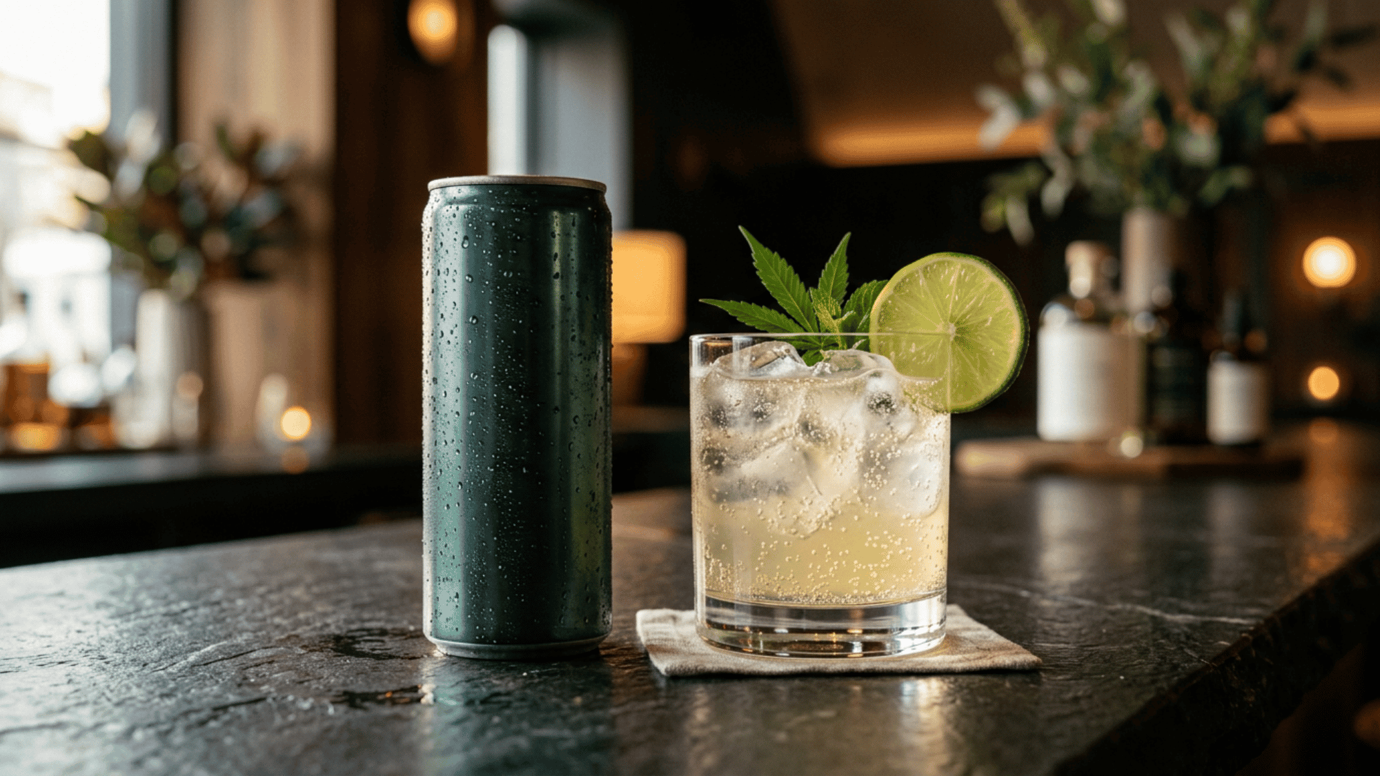 Hemp-derived THC seltzer can next to a lime garnished cocktail on a bar top