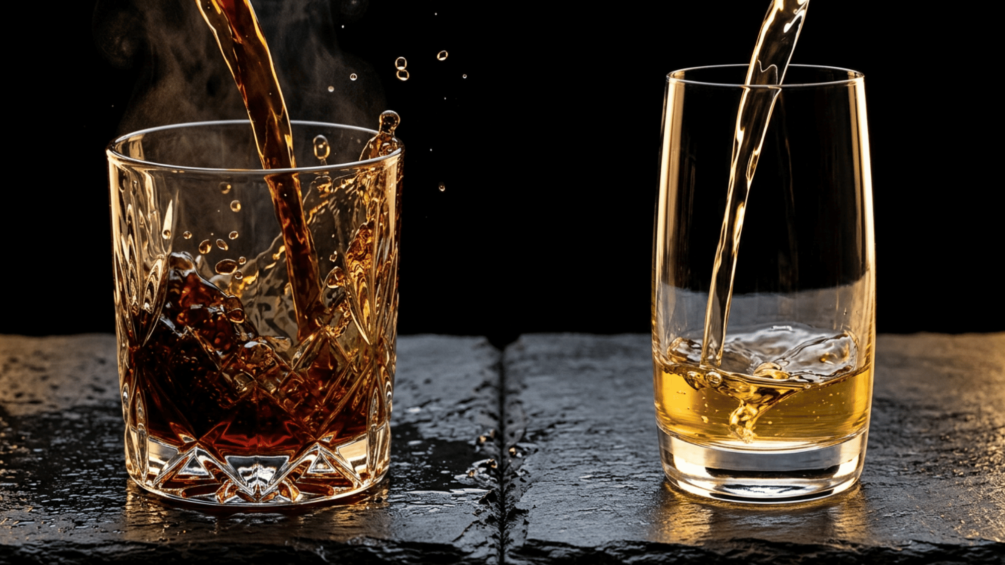 Scotch and whiskey poured into separate glasses, highlighting differences in color and style.