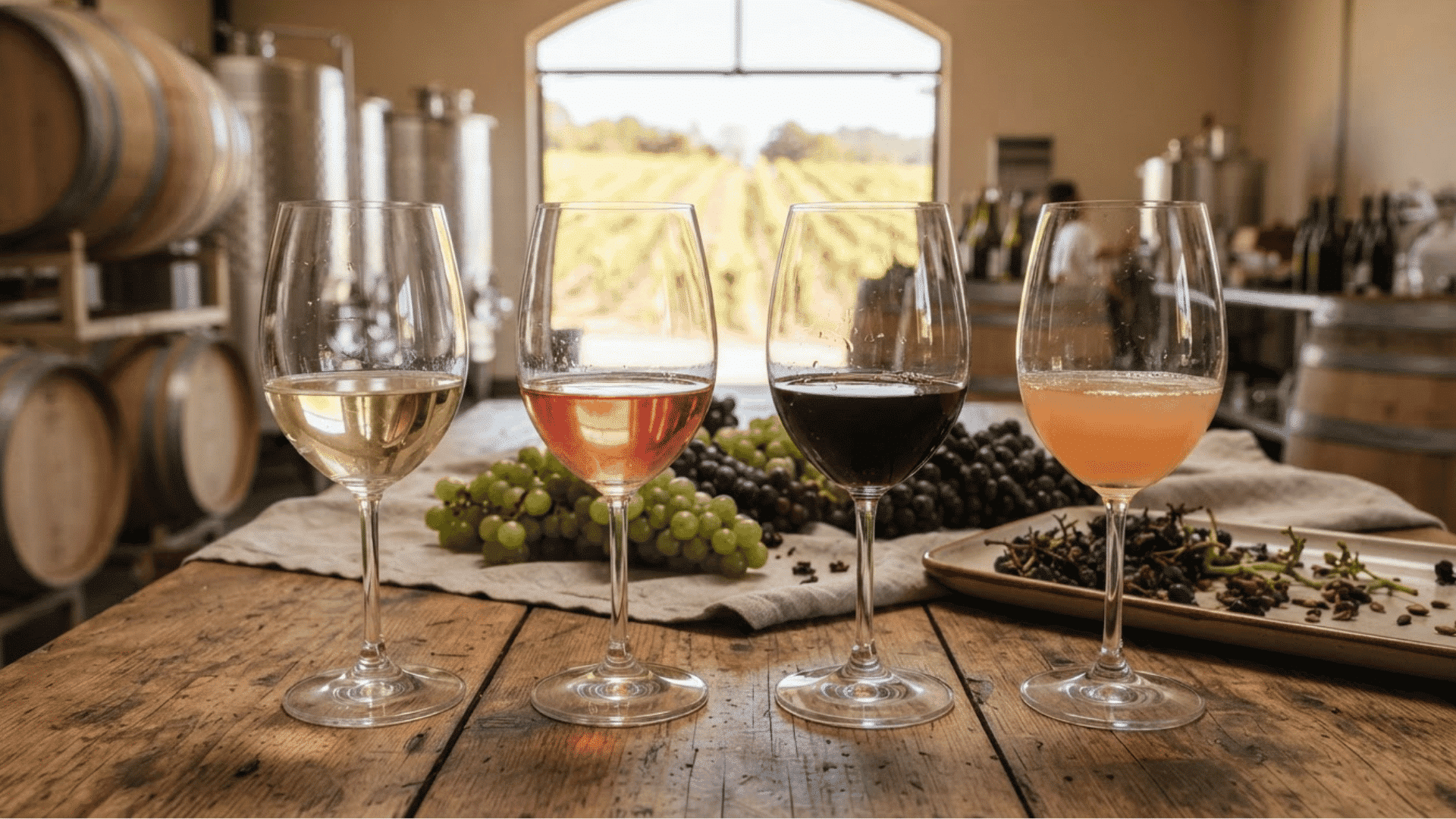 Wine glasses showing white, rosé, red, and orange wines with grapes and winemaking elements