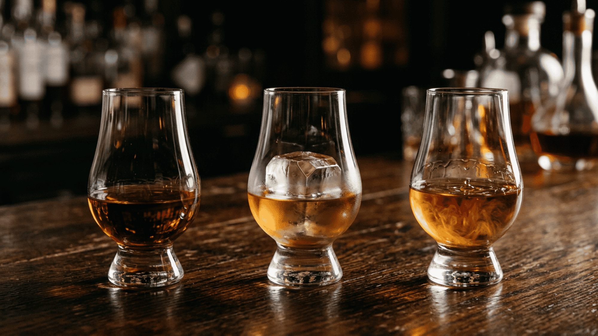 Three glasses showing neat bourbon, ice, and water on a warm wooden bar
